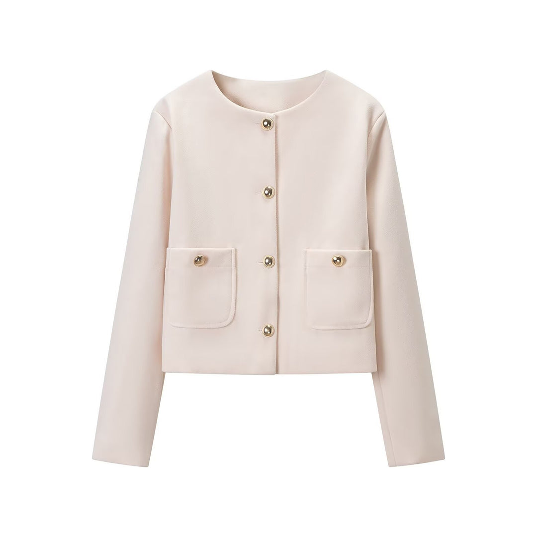 Damen Cropped Wollmix-Jacke mit Rundhalsausschnitt, aufgesetzten Taschen und goldfarbenen Zierknöpfen Nord Taschen