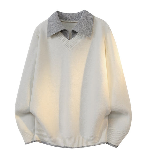 Unisex Oversize Strickpullover mit Kontrastpolokragen und V-Ausschnitt Nord Taschen