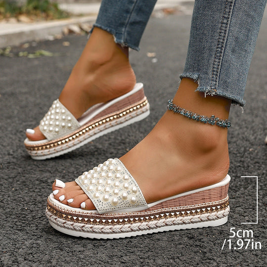 Damen Elegante Wedge-Pantoletten mit Perlenverzierungen und rutschfester Sohle