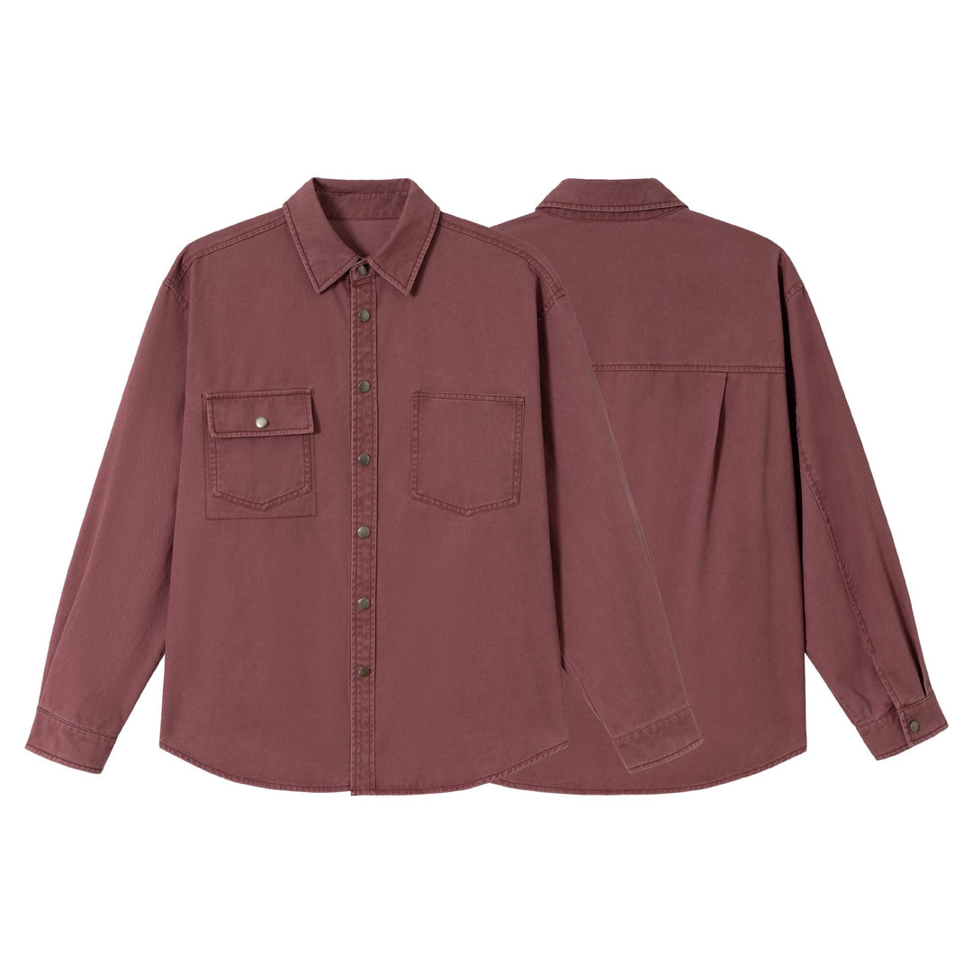 Damen Oversize Hemdjacke im Shacket‑Stil aus gewaschenem Baumwolltwill mit Druckknopfverschluss Nord Taschen