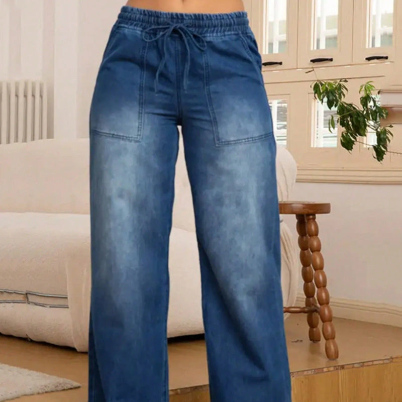 Damen Weite High-Waist-Jeans mit elastischem Bund und Kordelzug Nord Taschen