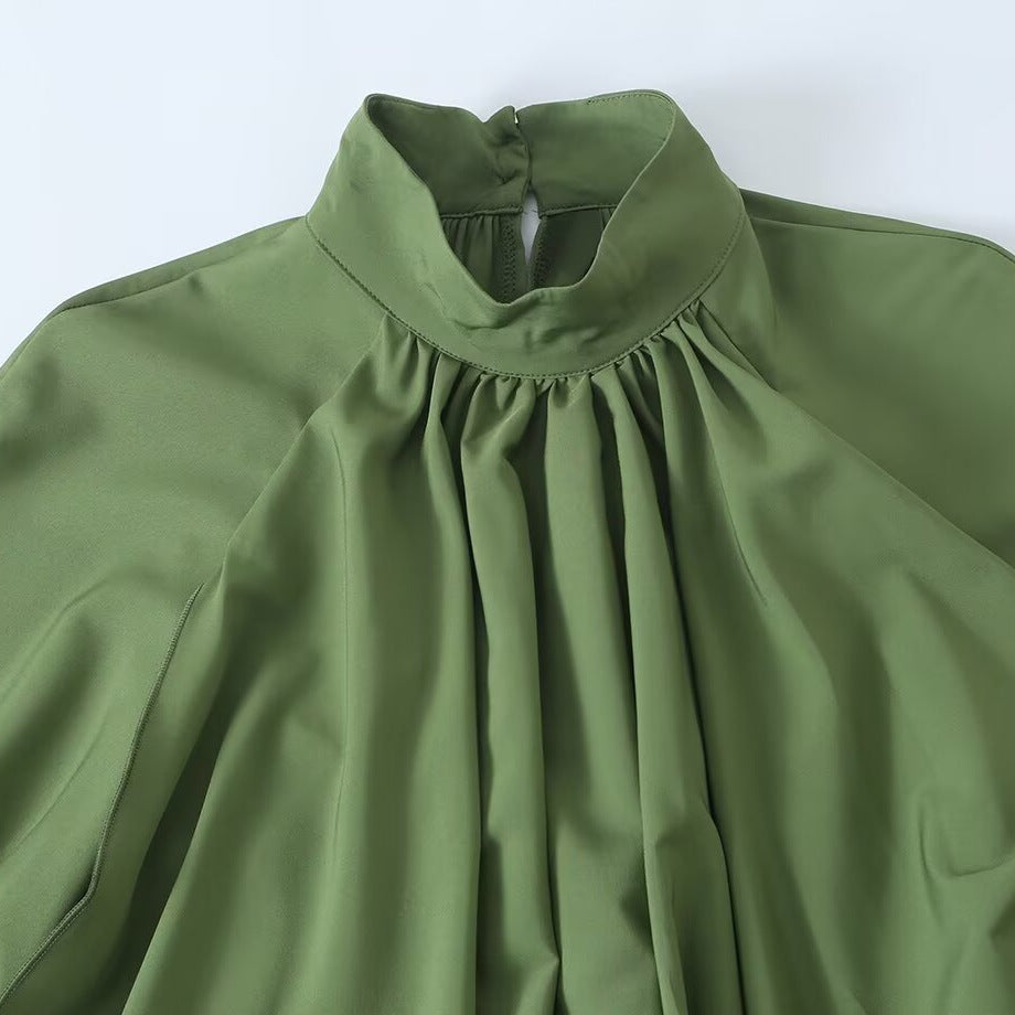 Damen Fließendes Maxikleid mit Ballonärmeln, Rüschendetails und Stehkragen Nord Taschen