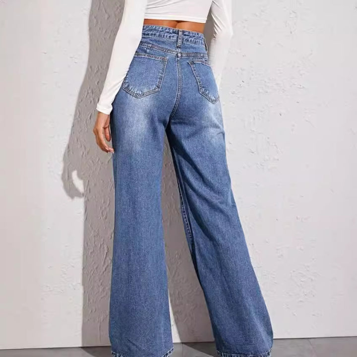 Damen hochgeschnittene weite Denim-Jeans mit extra weitem Bein und rohem Saum Nord Taschen