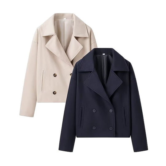 Damen Kurzer Zweireihiger Boxy-Peacoat aus Wollmix mit weitem Revers Nord Taschen