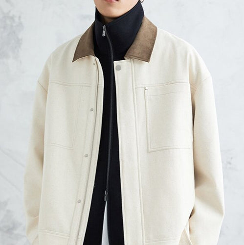 Herren Boxy-Zipjacke aus strukturiertem Baumwollmix mit Lederkragen und verdeckter Druckknopfblende Nord Taschen