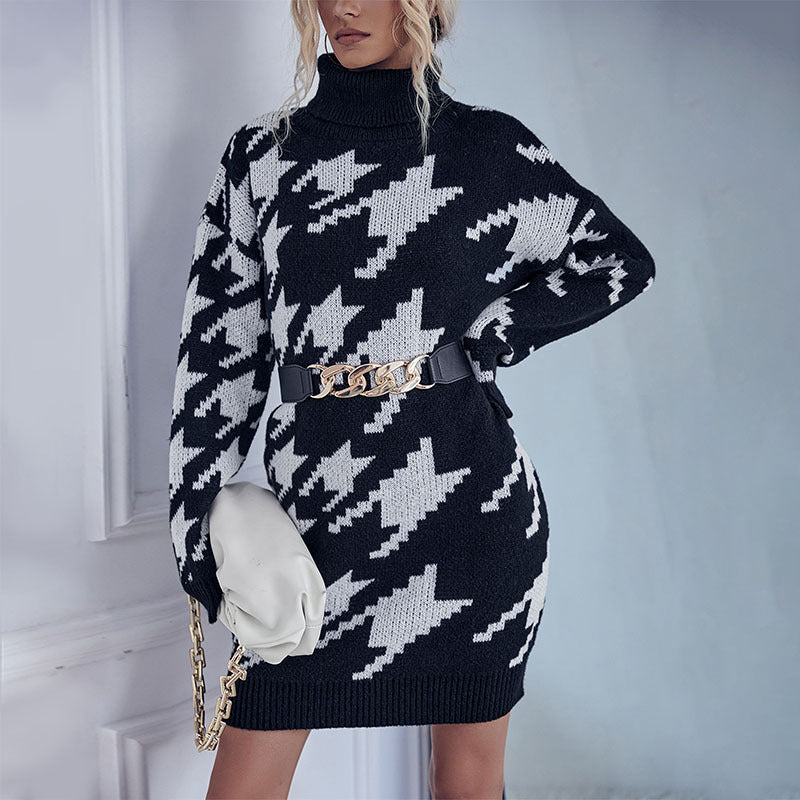 Damen Strick-Minikleid mit Hahnentritt-Jacquard, Rollkragen und taillenbetonter Gürteloptik Nord Taschen