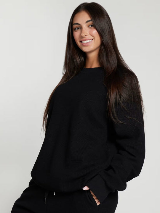 Damen geräumiges Waffelstrick-Loungewear-Set mit Rundhalsausschnitt und Tunnelzughose Nord Taschen