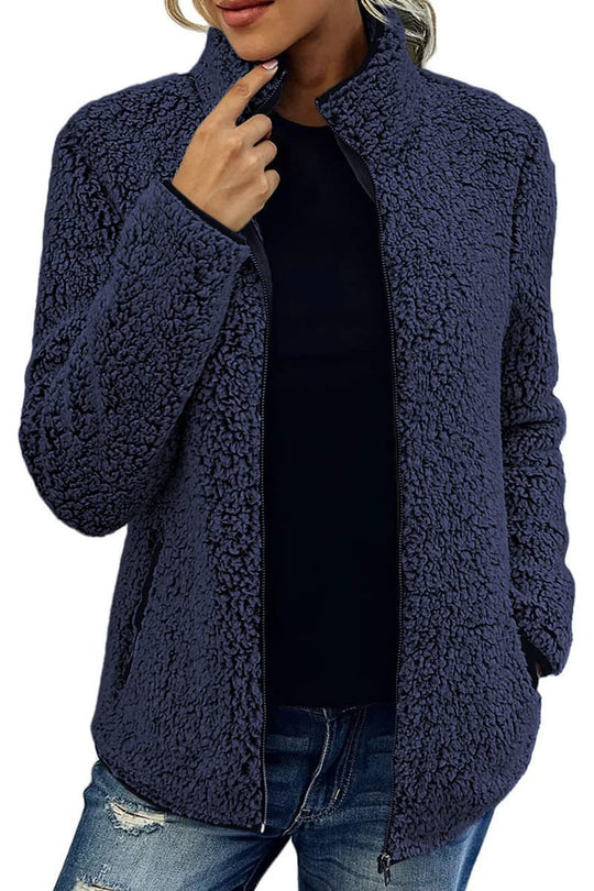 Damen kuschelige Teddy-Fleecejacke mit Stehkragen und Reißverschluss Nord Taschen