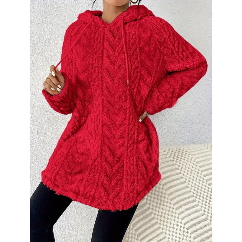 Damen Kuscheliger Teddy-Hoodie mit Zopfmuster Tunnelzug und gerundetem Saum Nord Taschen