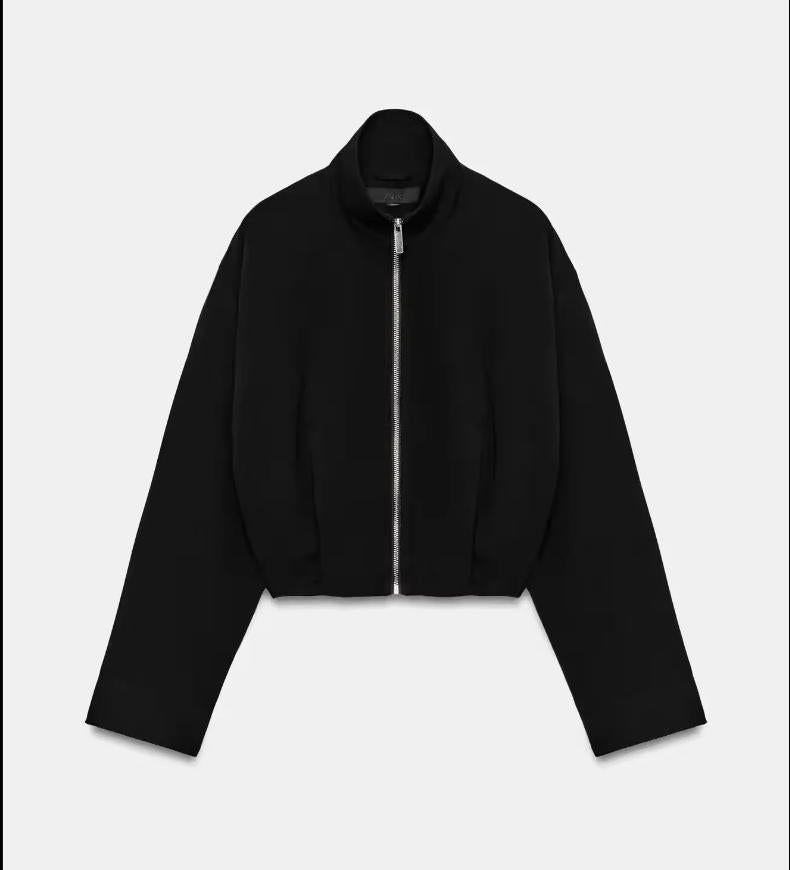 Damen Cropped schmal taillierte Blousonjacke mit Stehkragen und cleanem Schnitt Nord Taschen