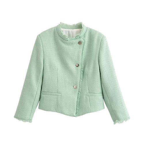 Damen Kurzblazer aus Bouclé‑Tweed mit Stehkragen, Fransenabschluss und taillierter Silhouette Nord Taschen