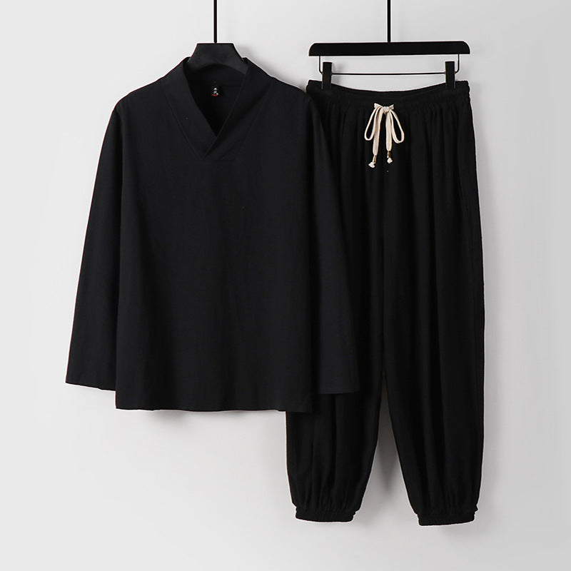 Herren Lockeres Leinen-Loungewear-Set mit V-Ausschnitt elastischem Bund und gerafften Knöcheln Nord Taschen