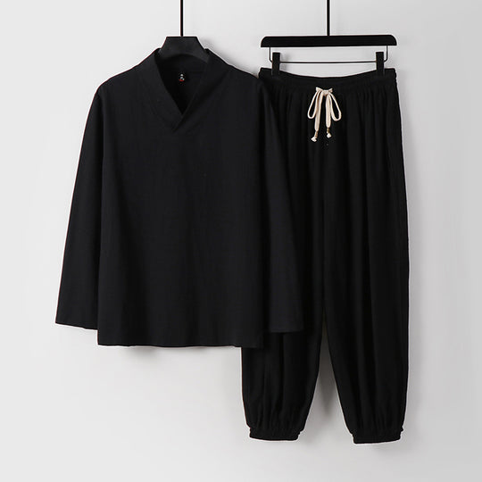 Herren Lockeres Leinen-Loungewear-Set mit V-Ausschnitt elastischem Bund und gerafften Knöcheln Nord Taschen