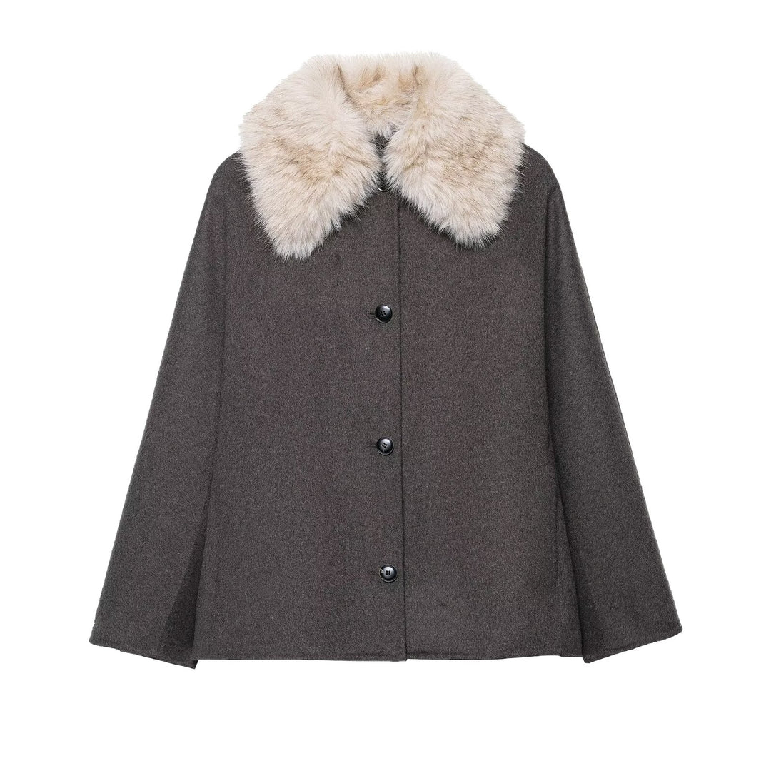 Damen Woll-Cape mit abnehmbarem Kunstfellkragen und verdeckter Knopfleiste Nord Taschen