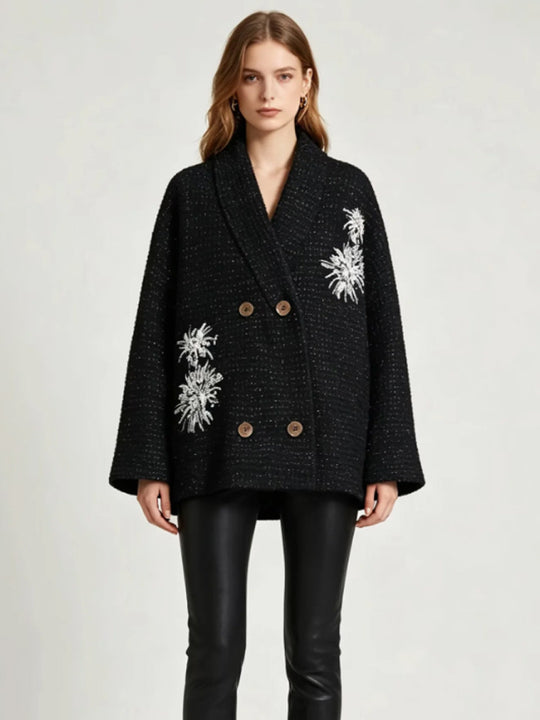 Damen Oversize-Bouclé-Manteljacke mit Schalkragen und floraler Stickerei Nord Taschen