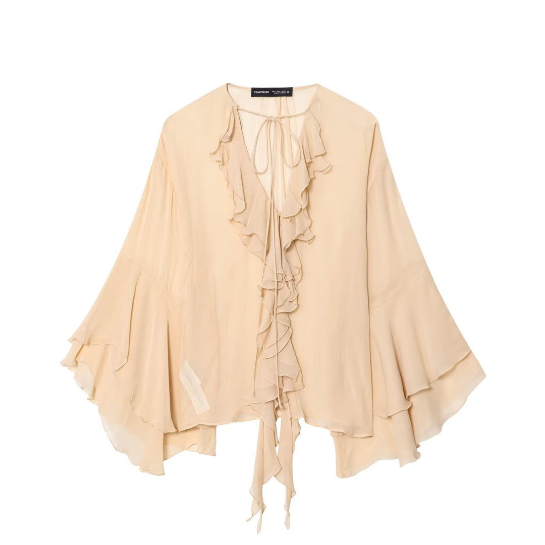Damen Fließende Chiffon-Rüschentunika mit Volantärmeln und Bindeband Nord Taschen