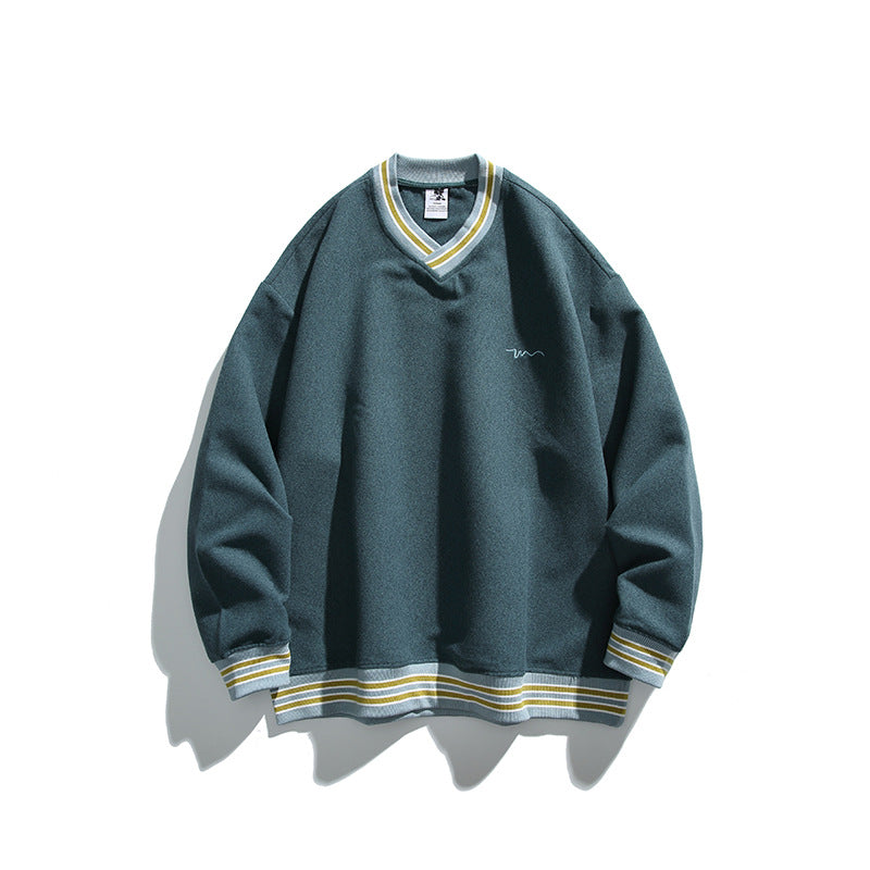 Herren Oversized V-Ausschnitt Sweatshirt mit Kontraststreifen an Bündchen und Saum Nord Taschen