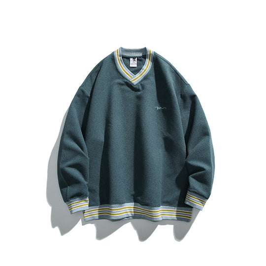 Herren Oversized V-Ausschnitt Sweatshirt mit Kontraststreifen an Bündchen und Saum Nord Taschen