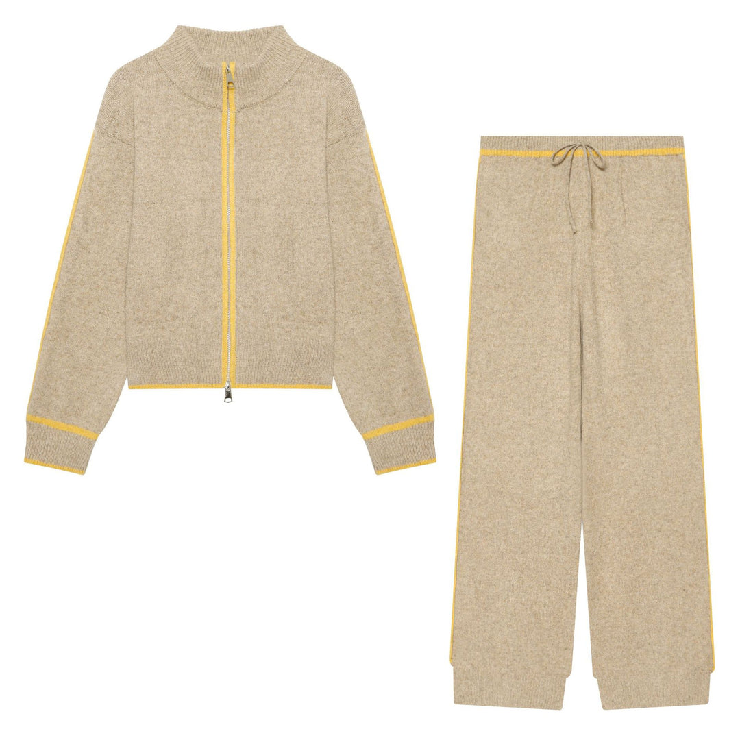 Damen Kuschel-Strickset mit Reißverschluss-Cardigan, Stehkragen und weiter Strickhose Nord Taschen