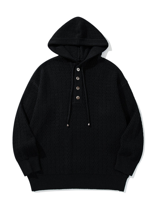 Unisex Strukturierter Kapuzen‑Strickpullover mit Henley‑Knopfleiste Nord Taschen