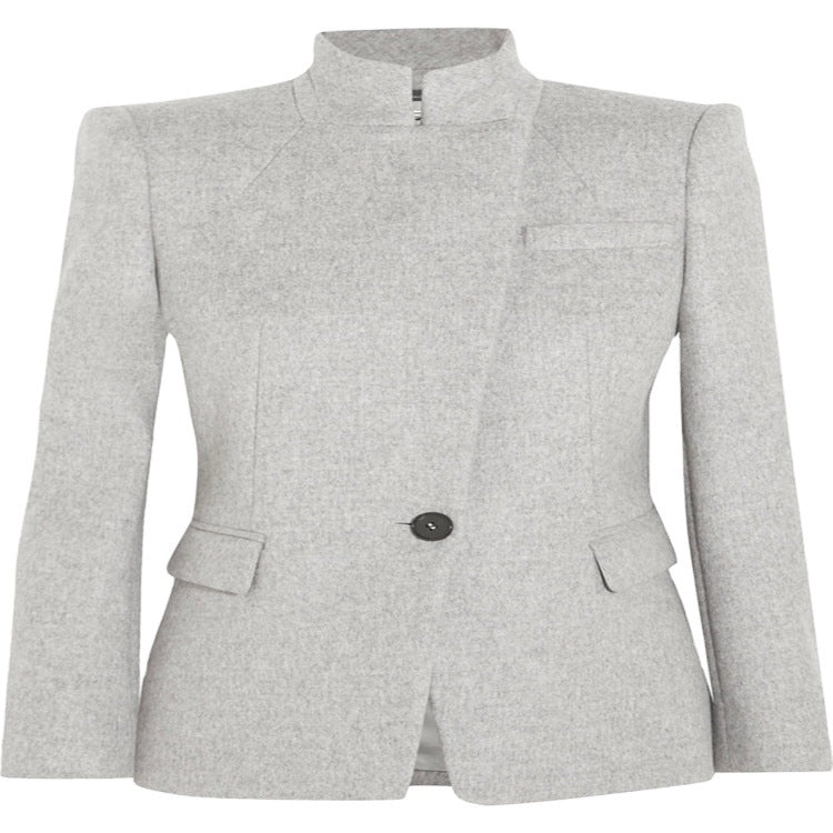 Damen Taillierter Wollmix‑Blazer mit Stehkragen, strukturierter Schulter und Pattentaschen Nord Taschen
