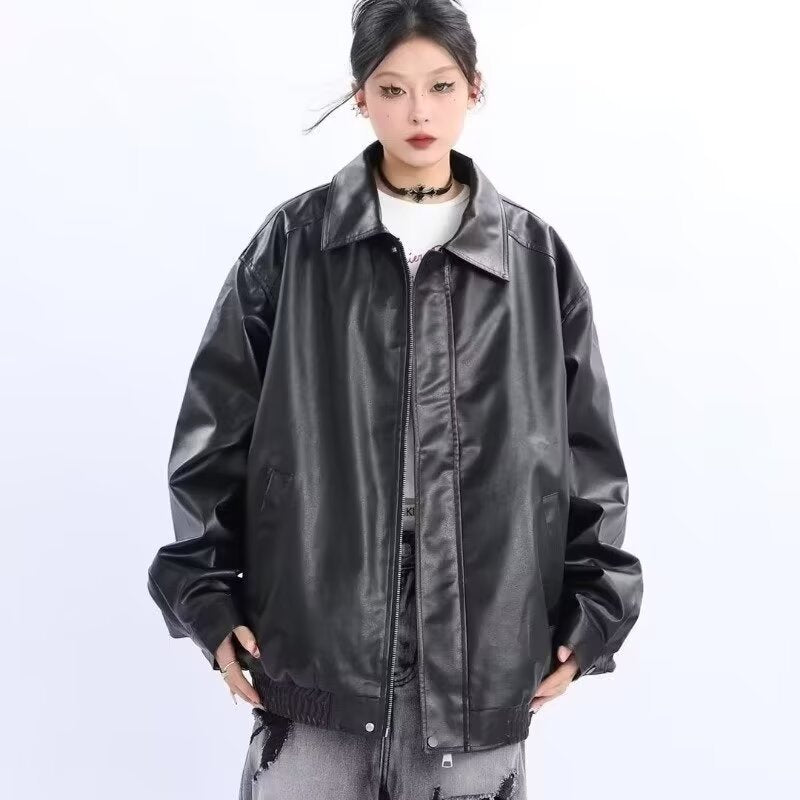 Damen Oversized Kunstleder-Blouson mit elastischem Saum und Hemdkragen Nord Taschen