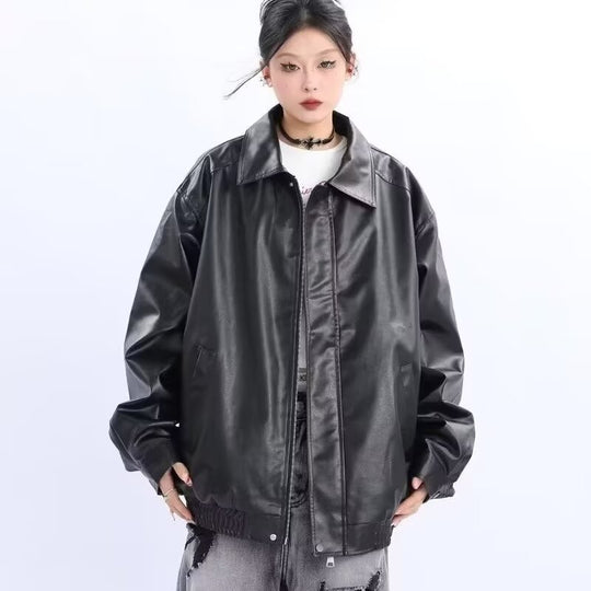 Damen Oversized Kunstleder-Blouson mit elastischem Saum und Hemdkragen Nord Taschen