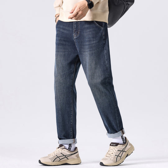 Herren Tapered-Denimhose mit mittelhohem Bund, gekrempeltem Saum und dezenter Used-Waschung Nord Taschen