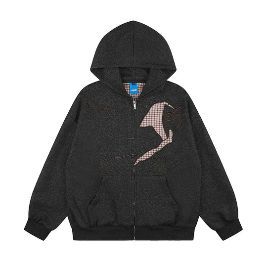 Damen Kapuzen-Zipjacke im Oversize-Cut mit gestickter Dackel-Illustration und Vichy-Detail Nord Taschen