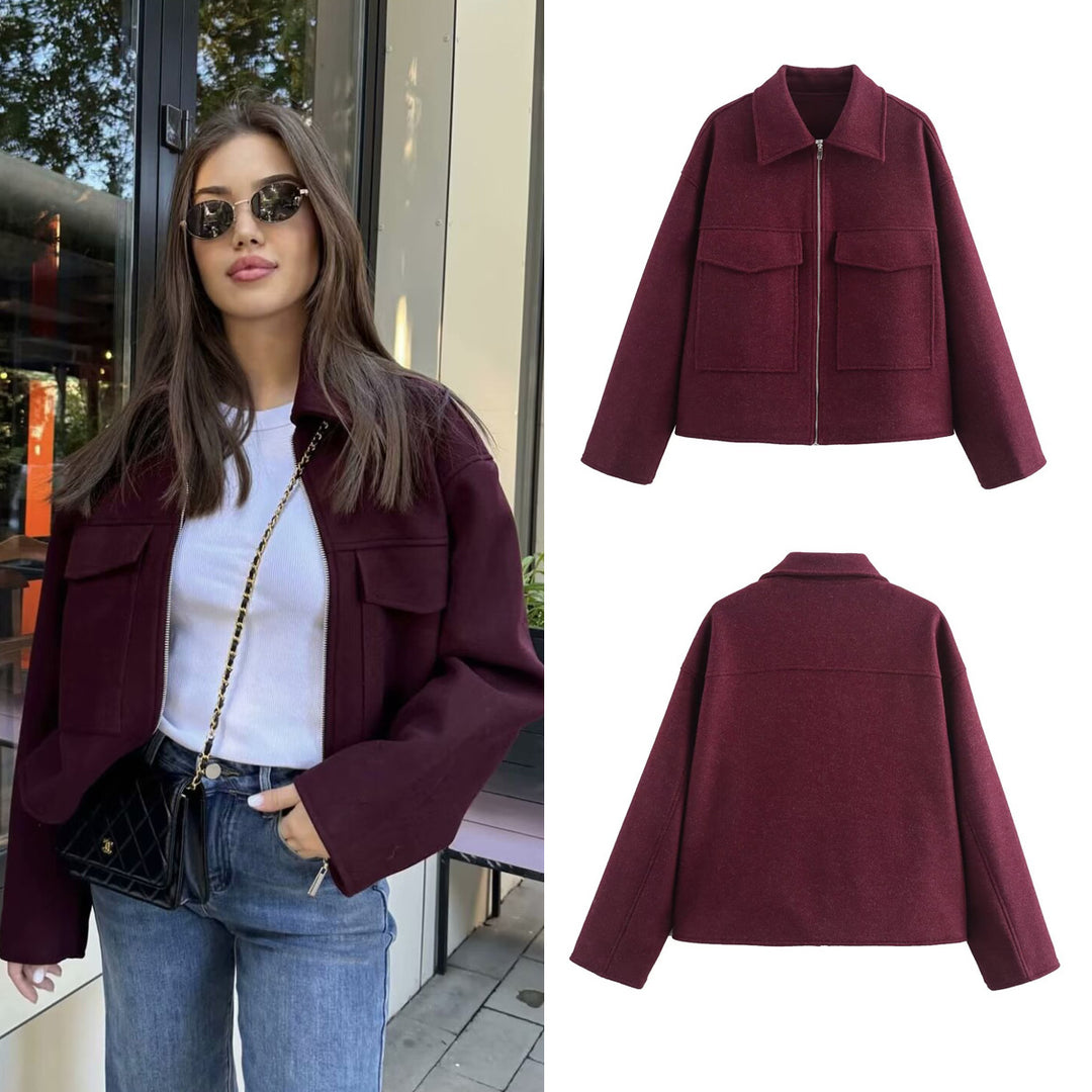 Damen Kurzjacke aus Wollmix mit großen Pattentaschen und durchgehendem Reißverschluss Nord Taschen
