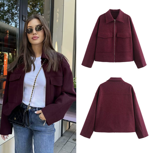 Damen Kurzjacke aus Wollmix mit großen Pattentaschen und durchgehendem Reißverschluss Nord Taschen