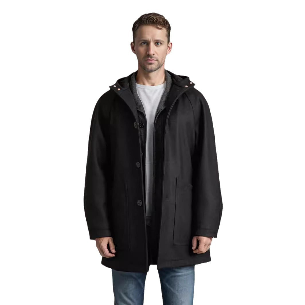 Herren Kapuzenmantel aus Wollmix mit gerader Silhouette, verdeckter Knopfleiste und großen Aufgesetzten Taschen Nord Taschen