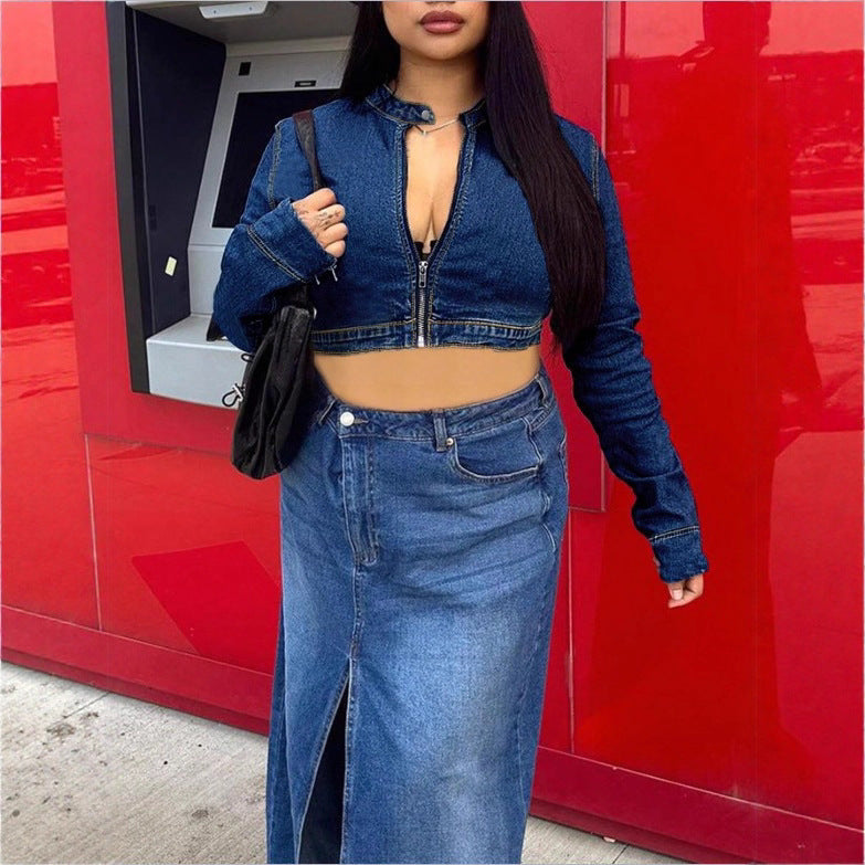 Damen Cropped-Denim-Hoodie mit Reißverschluss und High-Waist Midirock mit Frontschlitz Nord Taschen