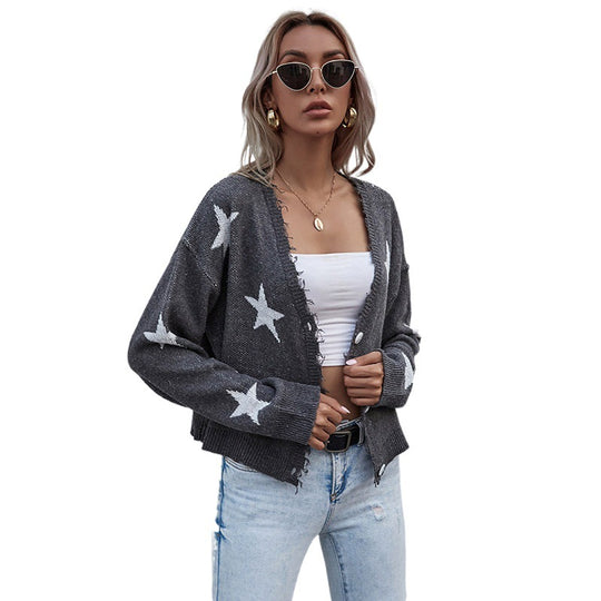 Damen Lässiger Cardigan mit Sternenprint und Knopfdetails Nord Taschen