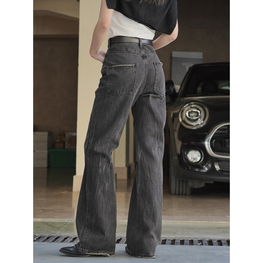 Damen Weite High‑Waist-Jeans mit ausgestelltem Bein, rohem Saum und Vintage-Waschung Nord Taschen