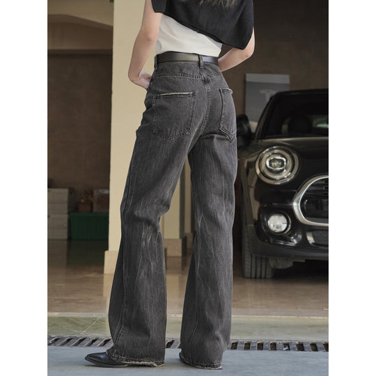 Damen Weite High‑Waist-Jeans mit ausgestelltem Bein, rohem Saum und Vintage-Waschung Nord Taschen