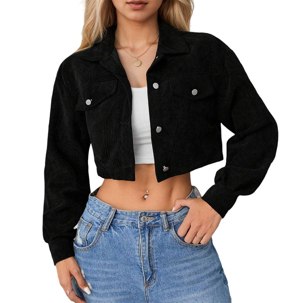 Damen kurze taillierte Cordjacke mit Brusttaschen und Druckknopfleiste Nord Taschen