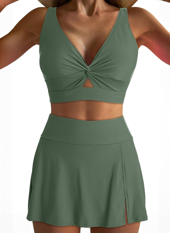 Damen Sport-Bikini-Set mit modischem Knoten-Oberteil und elegantem Rock