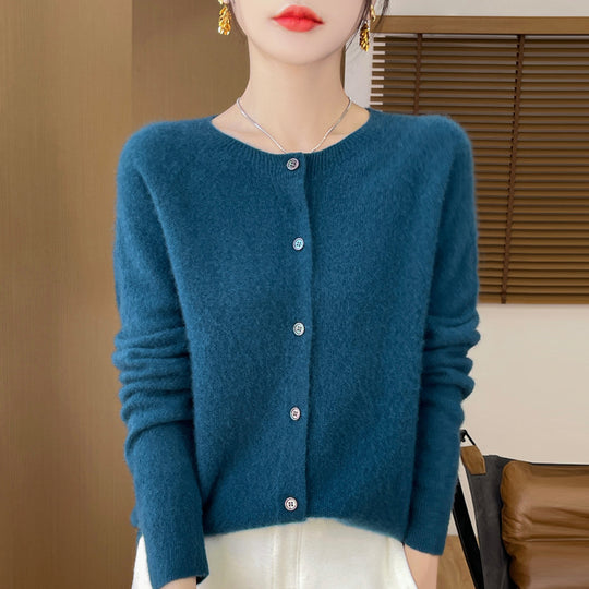 Damen Kuscheliger Kurzcardigan aus Mohair‑Mix mit feiner Schurwollstruktur und Perlmuttknopfleiste Nord Taschen