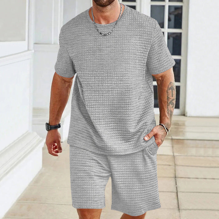 Herren nan leichter Freizeit-Zweiteiler in Waffelstruktur mit Rundhals-T-Shirt und komfortablen Shorts