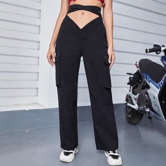 Damen utilitaristische Cargo-Hose mit V-förmigem Bund, weitem Bein und Cargotaschen Nord Taschen