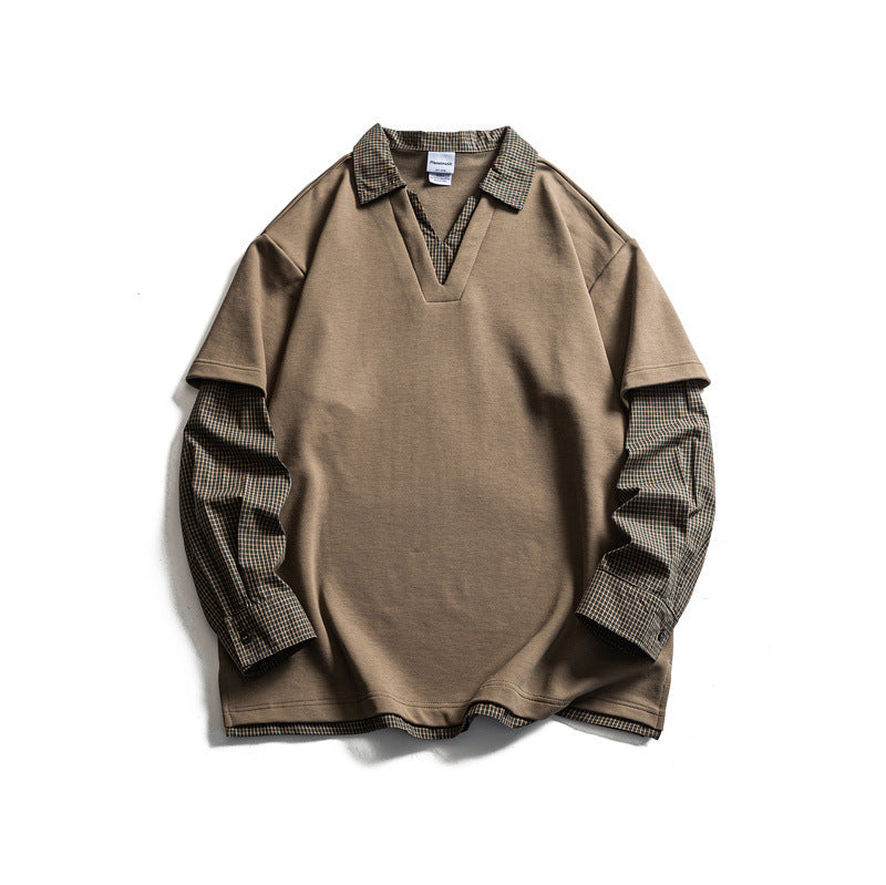 Herren Lagenlook-Pullover mit integriertem Karo-Hemdkragen und eingesetzten Hemdärmeln Nord Taschen