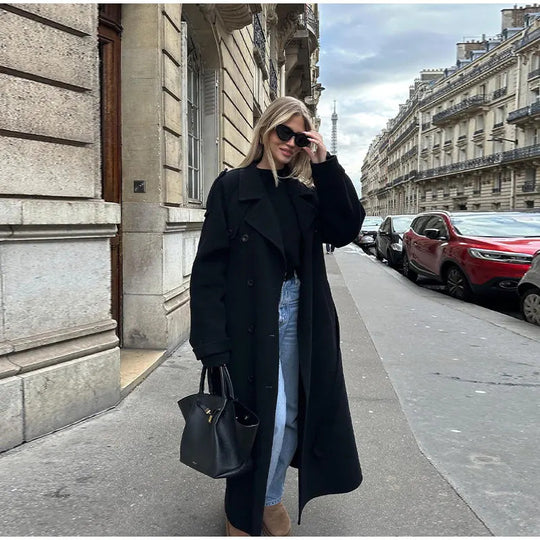 Damen langer Oversize Wollmantel mit weitem Revers und Gürtel Nord Taschen