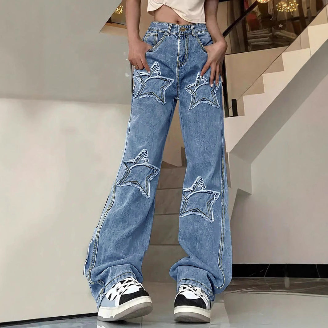 Damen Extraweite Baggy-Jeans aus leichter Denim mit Stern-Applikationen und überlängerter Silhouette Nord Taschen