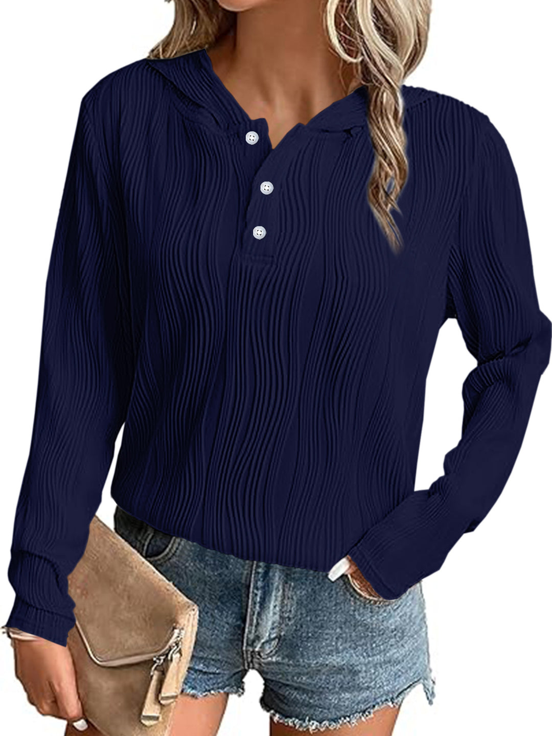 Damen Geripptes Kapuzen-Henleyshirt mit Knopfleiste und leichter Struktur Nord Taschen