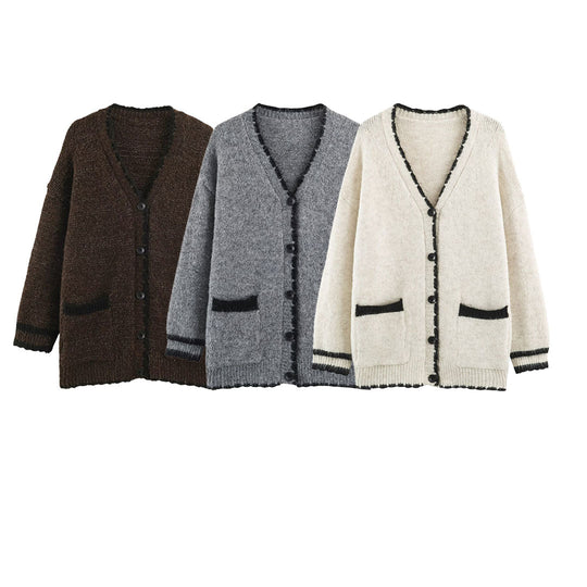 Damen Oversize Strickcardigan mit V-Ausschnitt, Knopfleiste und kontrastierenden Zierkanten Nord Taschen