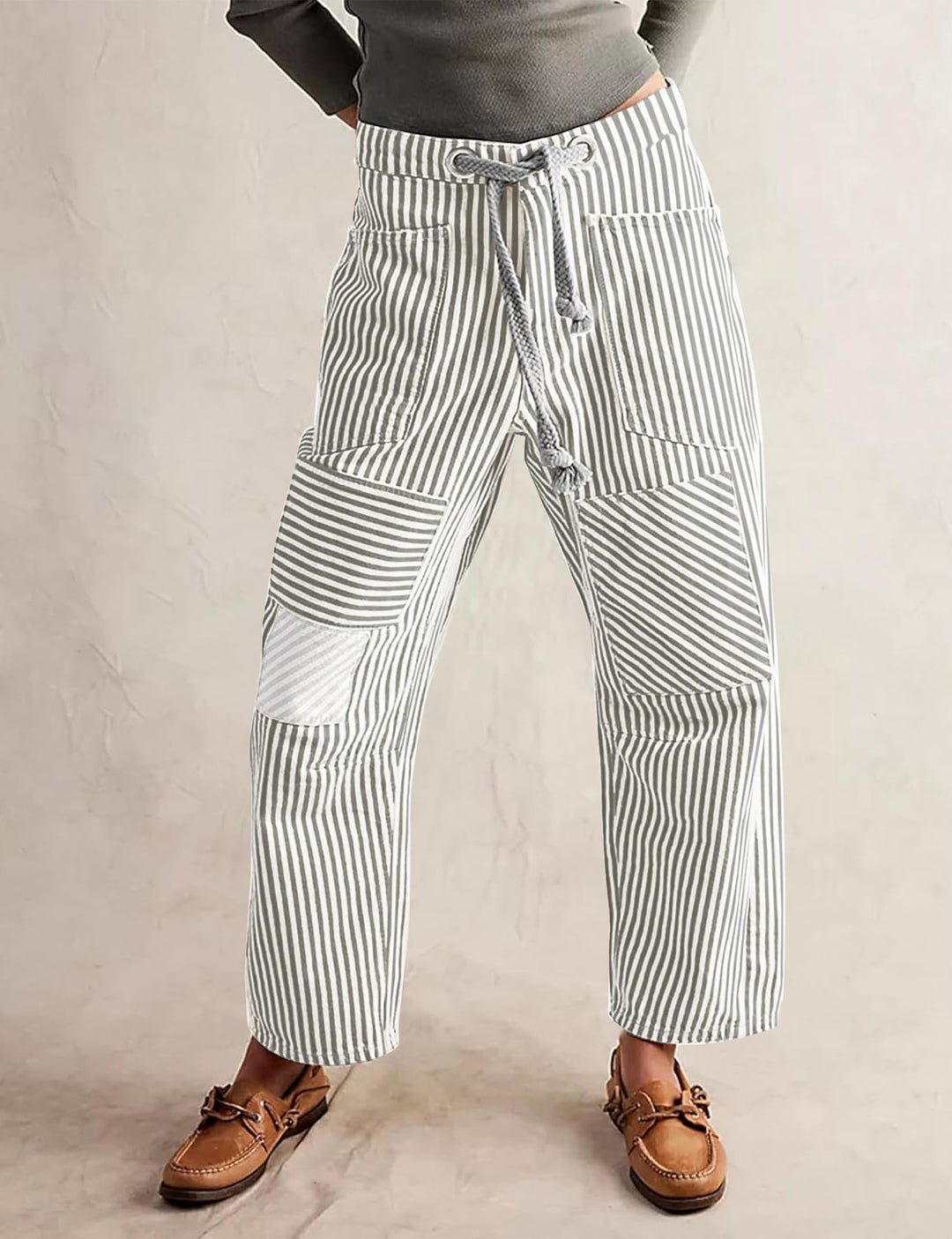 Damen lässige gestreifte Leinenhose mit Kordelzug und aufgesetzten Taschen Nord Taschen