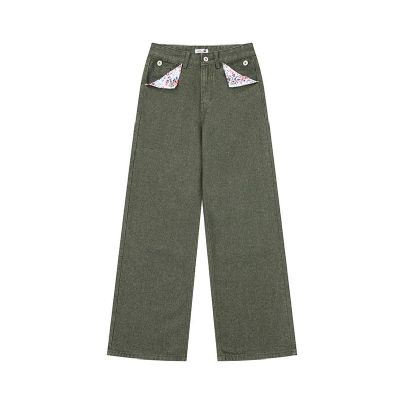 Damen Weite High‑Waist-Jeans im Palazzo-Schnitt mit Ziernaht und Blumen-Taschenfutter Nord Taschen