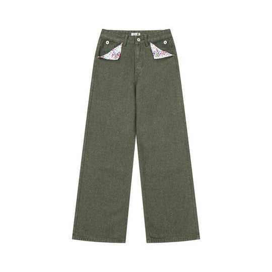 Damen Weite High‑Waist-Jeans im Palazzo-Schnitt mit Ziernaht und Blumen-Taschenfutter Nord Taschen