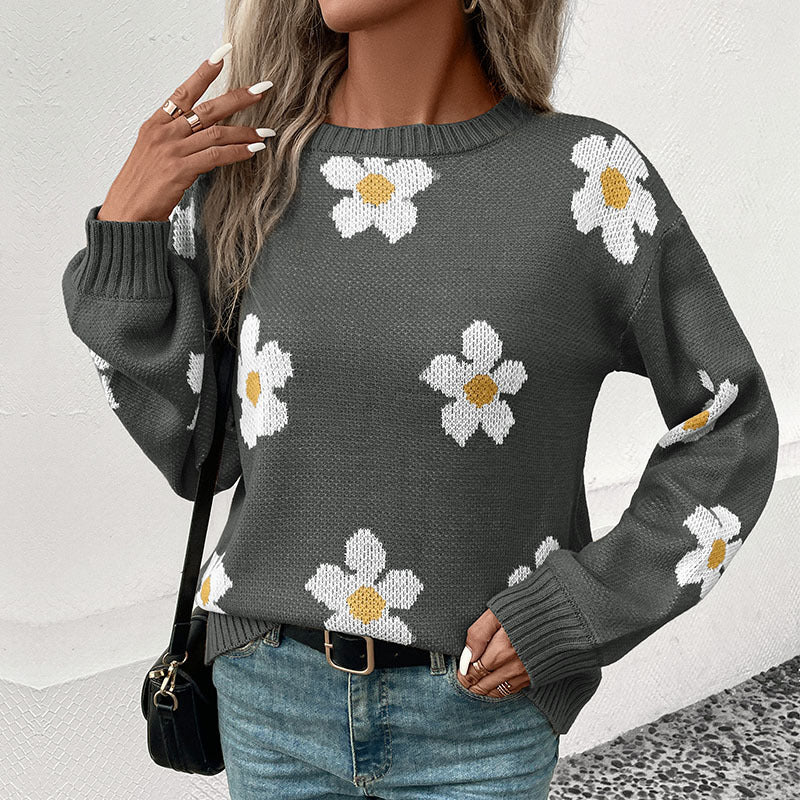 Damen Oversize-Strickpullover mit Blumenjacquard, Rundhalsausschnitt und Ballonärmeln Nord Taschen